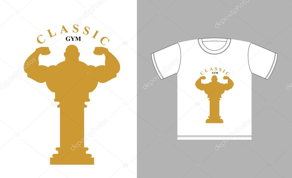 Classic Gym logo. Bodybuilder silhouette and an ancient Greek column. Emblem on  shirt for Sports Club members. Torso of an athlete with big muscles on Roman column. Vector illustration