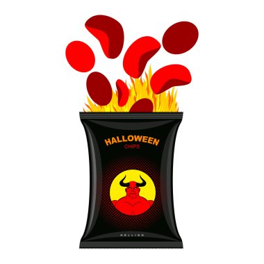 Hellish chips for Halloween. Packing snacks with Satan. Hellfire clipart