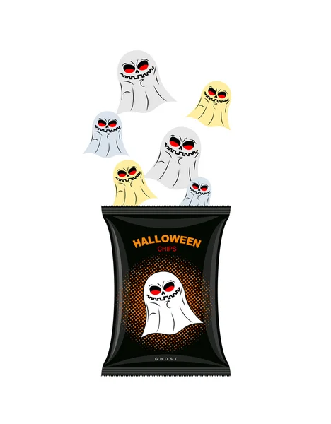 Des chips d'Halloween avec des fantômes. Gâteries pour des vacances redoutables en noir — Image vectorielle