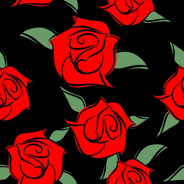 Mawar merah pada latar belakang hitam polanya mulus. Gugus belakang vektor - Stok Vektor