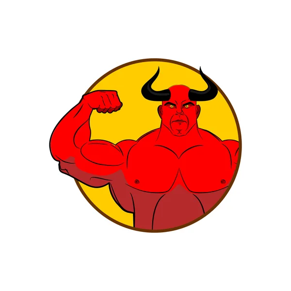 Logo para gimnasio. El culturista Satanás muestra bíceps. Emblema para los deportes — Archivo Imágenes Vectoriales