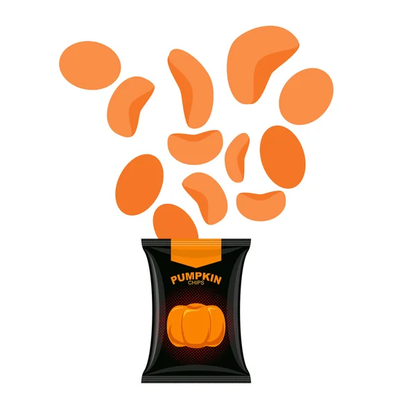 Pumpkin chips. Packaging of vegetable chips. Vegetarian Delicacy — Stock Vector