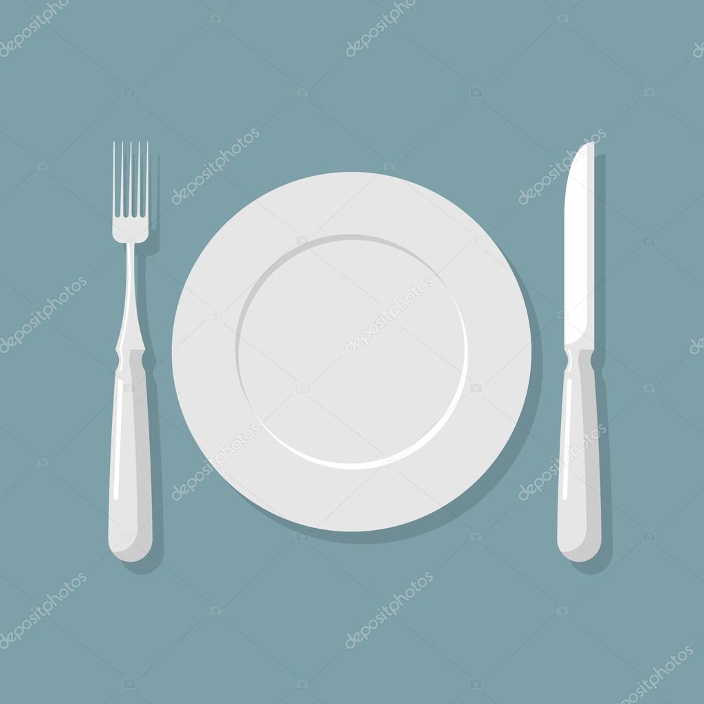 Empty white plate top view. Knife and fork. Cutlery. Vector illu