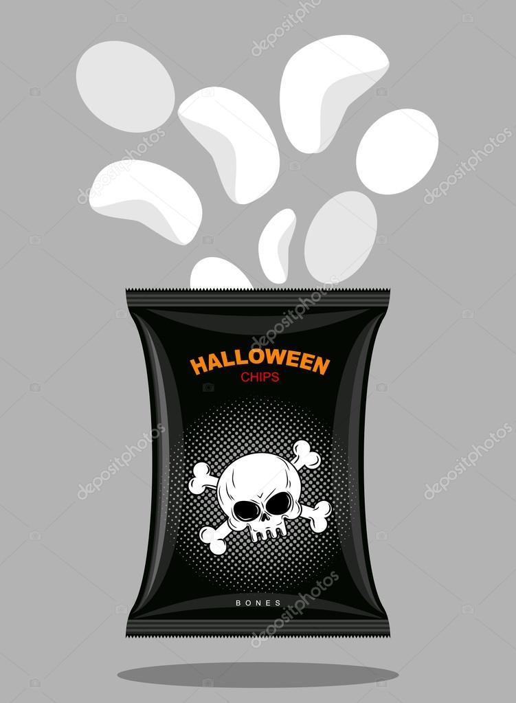 Chips with a taste of bones. Snacks for scary Halloween in black packaging. Pack of crisps with skull and bones. Vector illustration of Food on white background