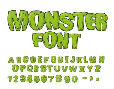 Monster font. Green scary letters. Vector alphabet. Live Abc