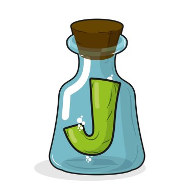 J in retro laboratory flask bottle. Letter in old magic potion b