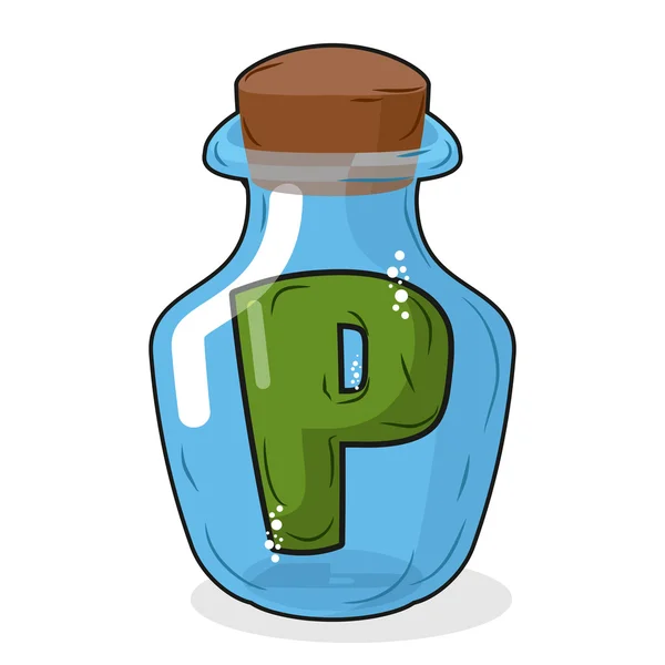 P in bottle for scientific research. letter in a magical vessel — Stok Vektör