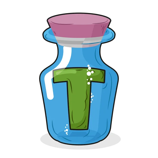 Letter in a laboratory bottle. T in  magic bottle with a wooden — ストックベクタ