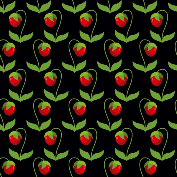 Red strawberries with green leaves on a black background. Seamle — Stok Vektör