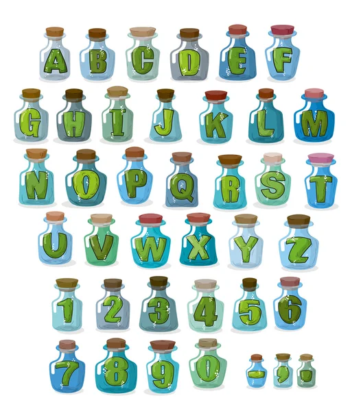 Magic font. Green letters in  magical flasks. Alphabet jar for w — Stock Vector