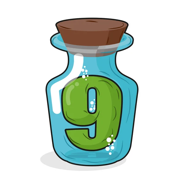 Number 9 in  bottle. Green figure in a blue glass jar. Magic pot — Διανυσματικό Αρχείο