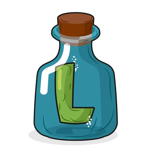L in scientific laboratory bottle. Letter in a magic bottle with — Stock Vector
