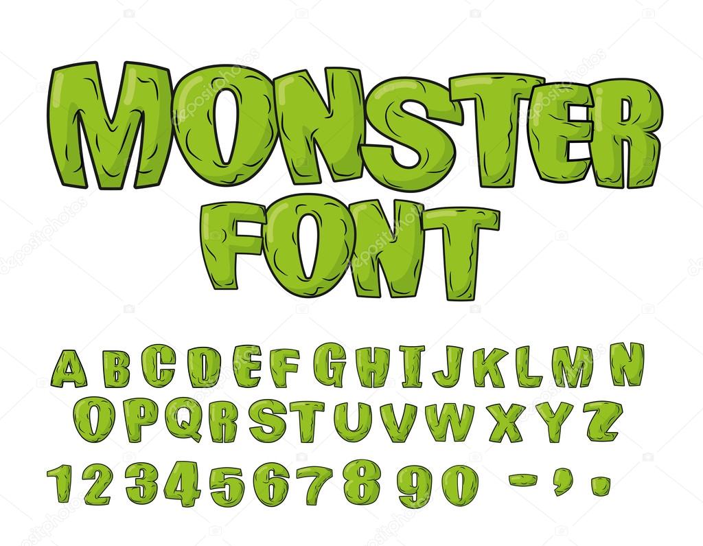 Monster font. Green scary letters. Vector alphabet. Live Abc