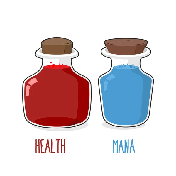 Santé et mana. Bouteille magique avec potion bleue et rouge. Ensemble de g — Image vectorielle