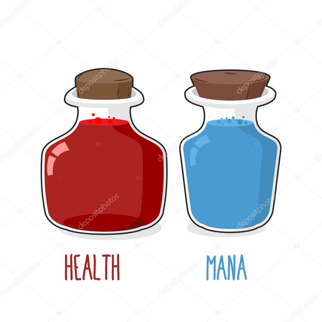 Health and mana. Magic bottle with blue and Red potion. Set of g