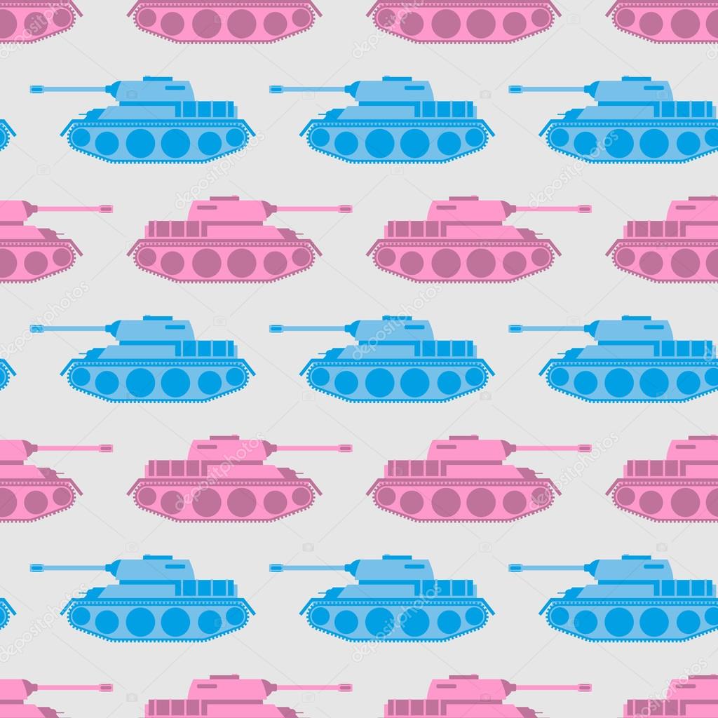 Toy tank seamless pattern. Blue and pink military toys. Vector o