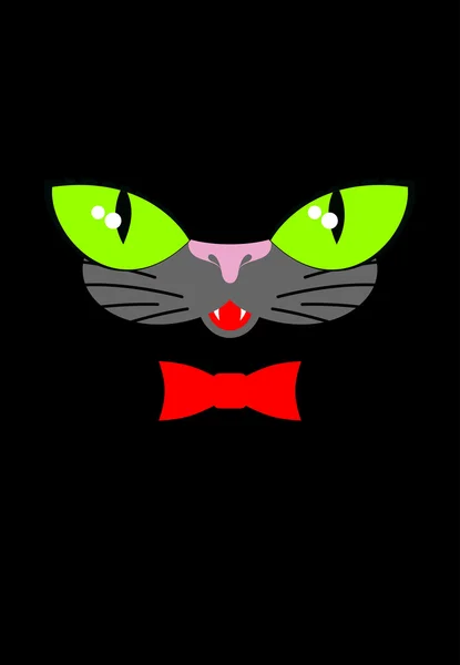 Green cat eyes and a red bow tie. Muzzle your pet on a black bac — Stock Vector