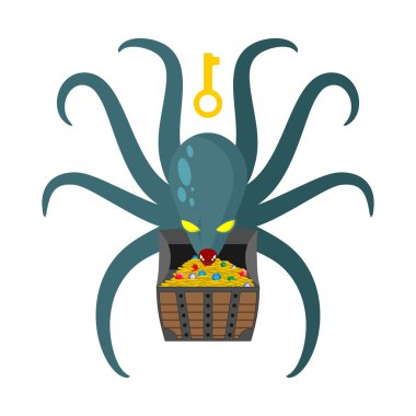 Octopus guarding pirate treasures . Gold chest kraken. Cthulhu a