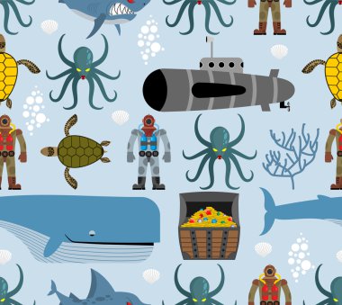Ocean seamless pattern. Marine life: whale and turtle. Octopus a