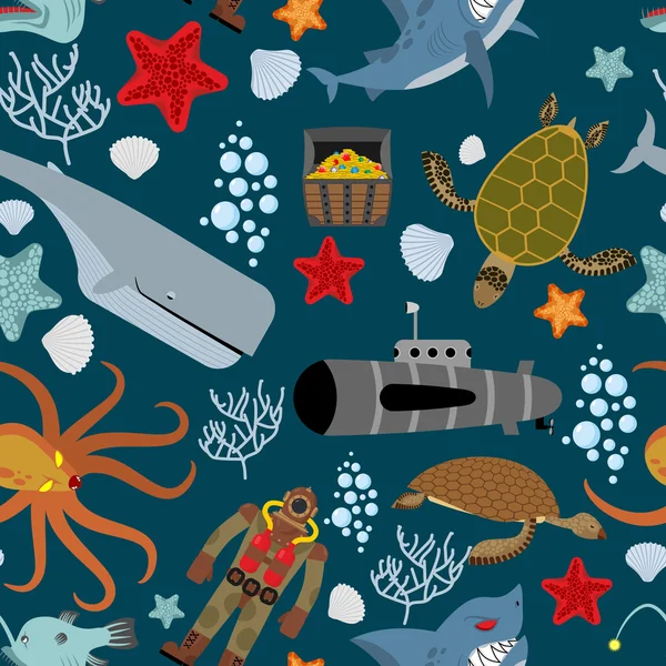 Marine seamless pattern. Inhabitants of the ocean. Keith and aqu — Stockový vektor