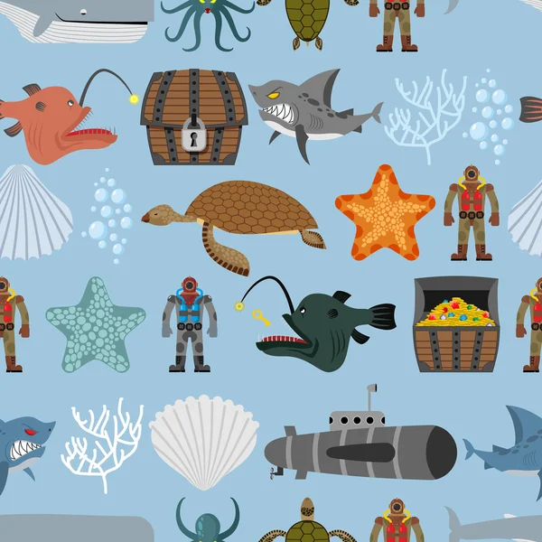 Ocean life seamless pattern. Shark and aquatic turtle, submarine — Stok Vektör