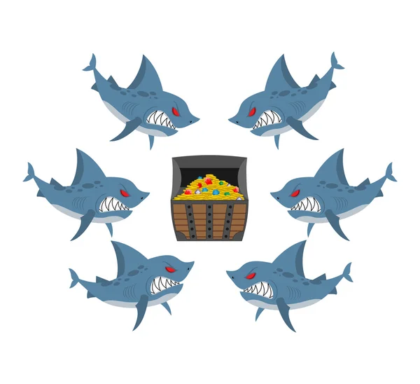 Sharks and prey. Chest of gold and an angry fish. Vector illustr — 图库矢量图片