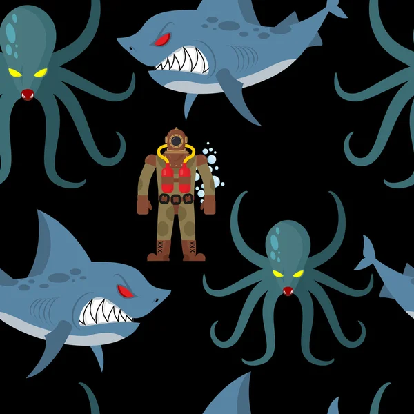 Diver in old diving suit and sea monsters seamless pattern. Wick — Stockvector