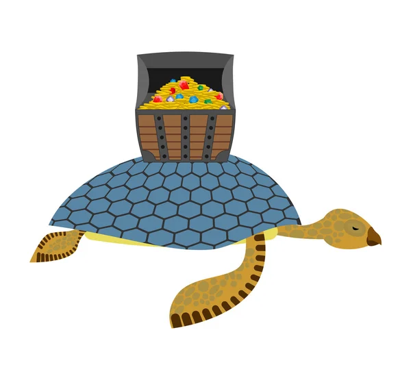 Water Turtle and treasure chest. Marine reptiles are lucky pirat — ストックベクタ