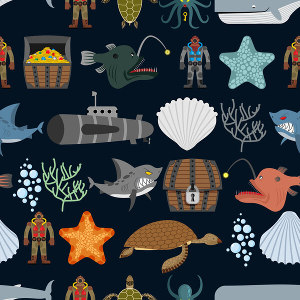 Ocean seamless pattern.  Ocean inhabitants. Starfish and shark o
