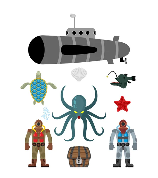 Marine set simbol. Penyelam dan peti harta karun. Octopus Cthulhu an Stok Ilustrasi Bebas Royalti