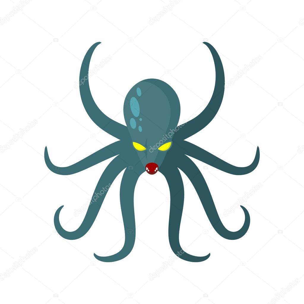 Angry Octopus. Horrible sea monster with tentacles. Vector illustration of green clam with yellow eyes. Kraken underwater animal