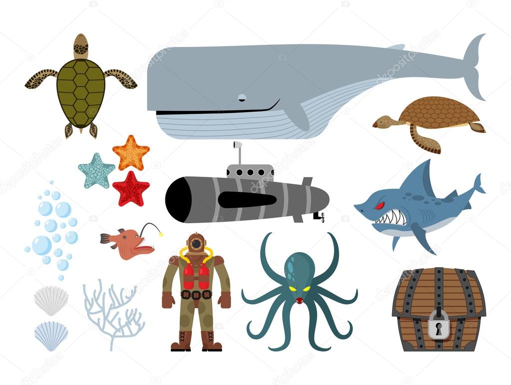 Underwater world set. Keith and submarine, shark and terrible Oc
