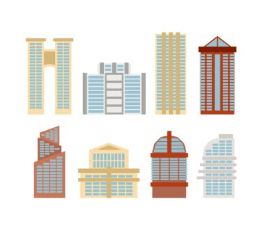 Colored skyscrapers, office buildings of modern city. Vector set