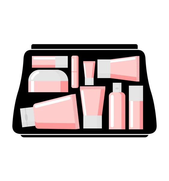 Handbag Womens body care products. Cream jars and lipstick. Vect — Stock Vector