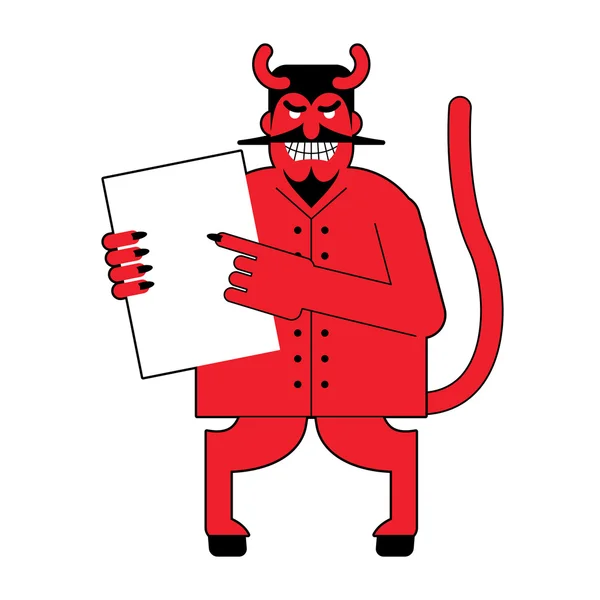 Devil and  contract.  Scary Mephistopheles offers deal to sign i — Stock Vector