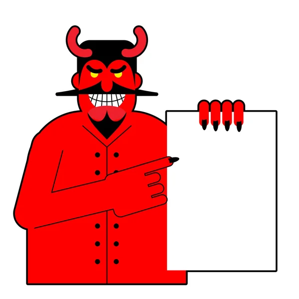 Ο Σατανάς κρατά λευκό κενό φύλλο χαρτιού. Διάβολος και έγγραφο. Κόκκινο — Διανυσματικό Αρχείο
