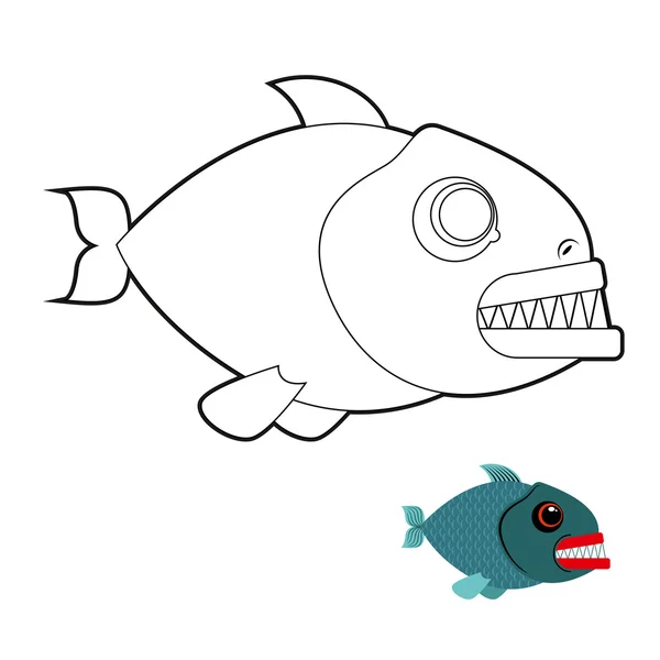 Piranha coloring book. Terrible sea fish with large teeth. Angr — Stock Vector