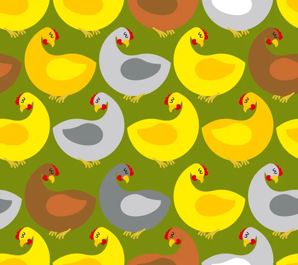 Chicken seamless pattern. Chicken farm. Many colored birds. Vect — Stockvector