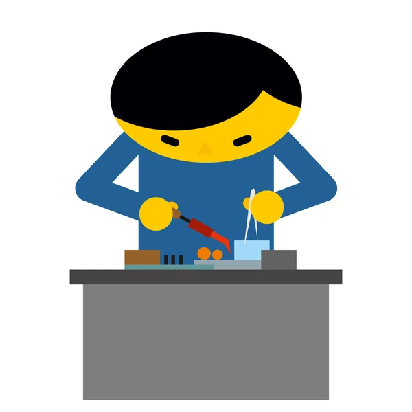 Der Mann am Schreibtisch repariert elektronische Geräte. Ingenieur in der Arbeitswelt — Stockvektor
