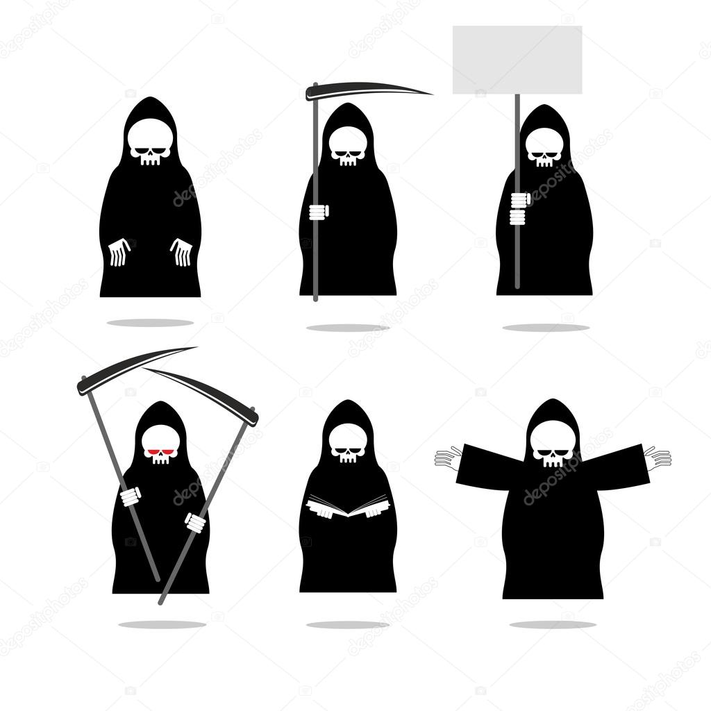 Set deaths in overalls. Grim Reaper in different poses. Skeleton in cloak with  scythe. Death in black clothing with an empty plate. Death holds  book. Set of icons for Halloween.