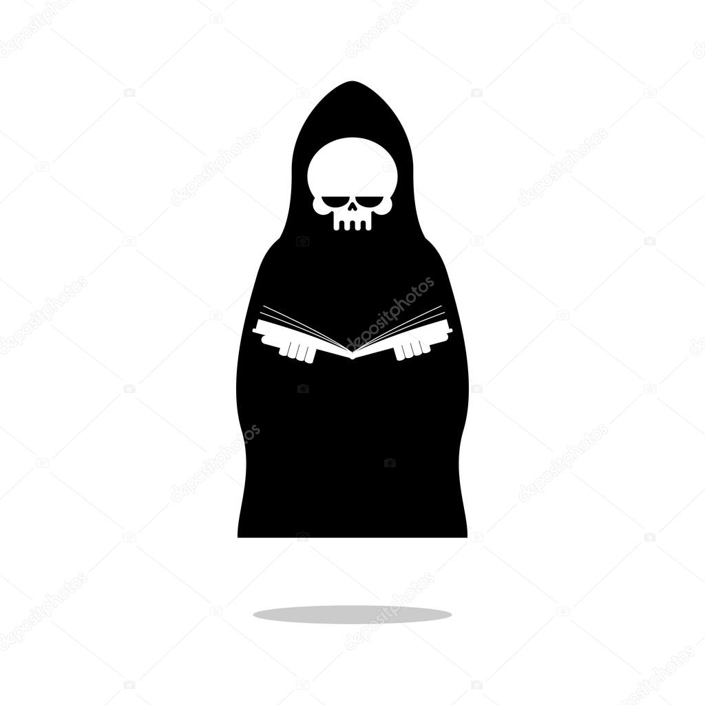 Death of reading book. Grim Reaper in black cloak is reading  Bi