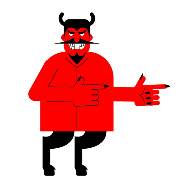 El diablo lo indica. Demonio rojo con cuernos y pezuñas. Satanás con oso — Archivo Imágenes Vectoriales