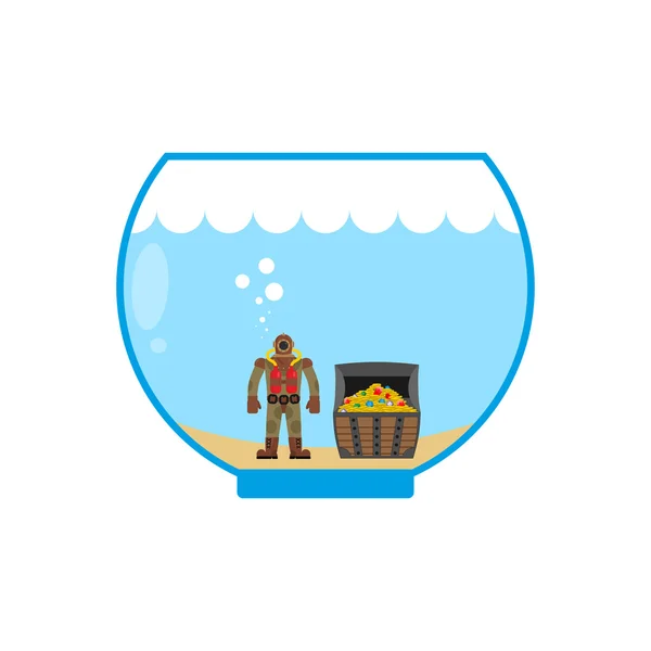 Búvár és kincses ládában akvárium. A miniatűr alakok vízben — Stock Vector