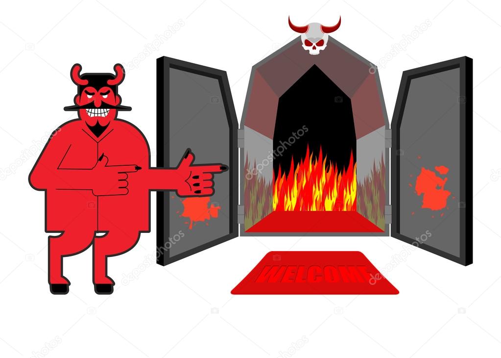Satan invites sinners to hell. Devil indicates hand on purgatory