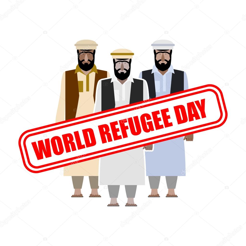 World refugee day. Expatriates in  Syrian garments. refugee stam