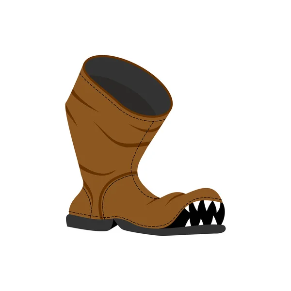 Gebroken schoenen. Monster oude laarzen met tanden. Hole in boot. — Stockvector