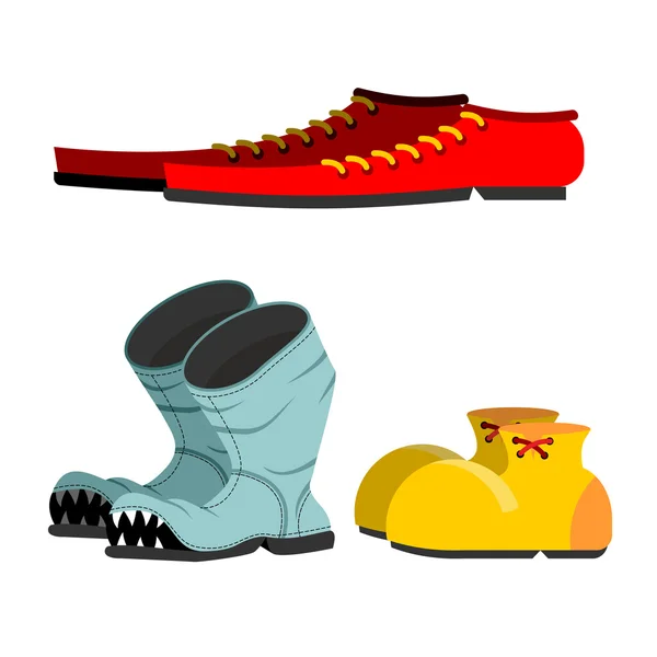 Shoes set. Old broken boots. Shoes for men long. Funny Clown sho — Stock Vector