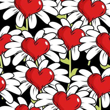 Flower of love seamless pattern. Red heart with white petals. Fa