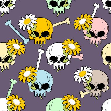 Skulls and flowers seamless pattern. Cute backgrounds for Hallow