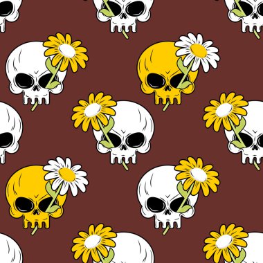 Daisy and skull seamless pattern. Symbol of death and life backg